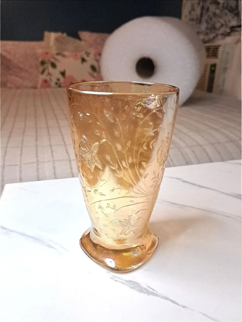 Vintage 1950's Floragold Louisa Iridescent Footed Tumbler Jeannette Glass Co. 5